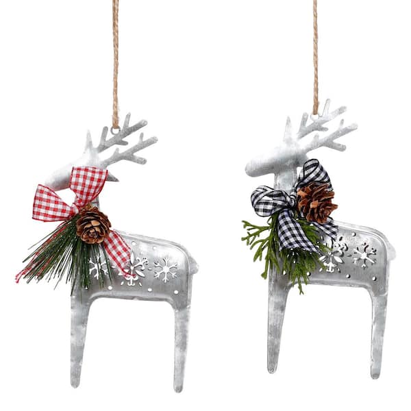 Northlight 6 in. Silver Reindeer Christmas Ornament with Pine and Red Gingham Bowtie