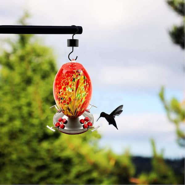 Red Phoenix 25 Fluid Ounces Hummingbird Nectar Capacity Include Hanging Wires and Moat Hook Hand Blown Glass Garden Hummingbird Feeder with Perch Red 