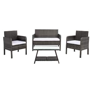 Aboka Gray/Brown 4-Piece Wicker Patio Conversation Set with White Cushions