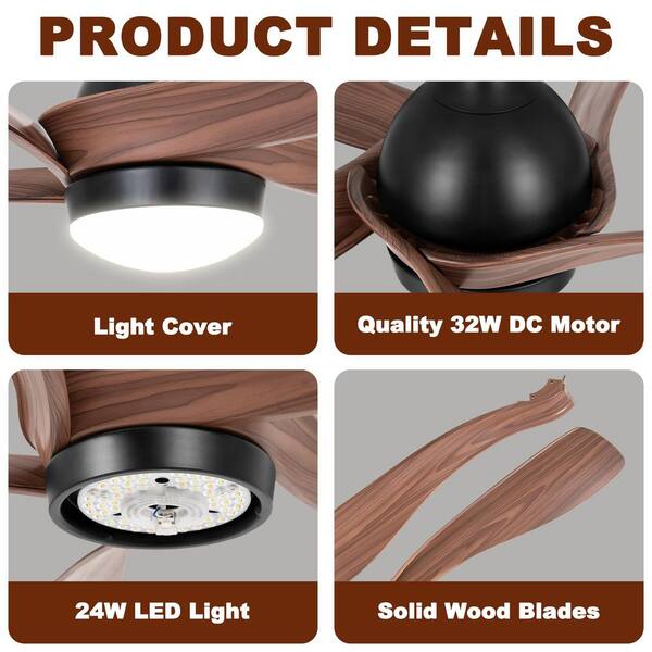 52 in. 3-Light Brown Solid Wood Downrod Mount Standard Ceiling Fan with Remote Control 2-Way Rotation 6-Speed