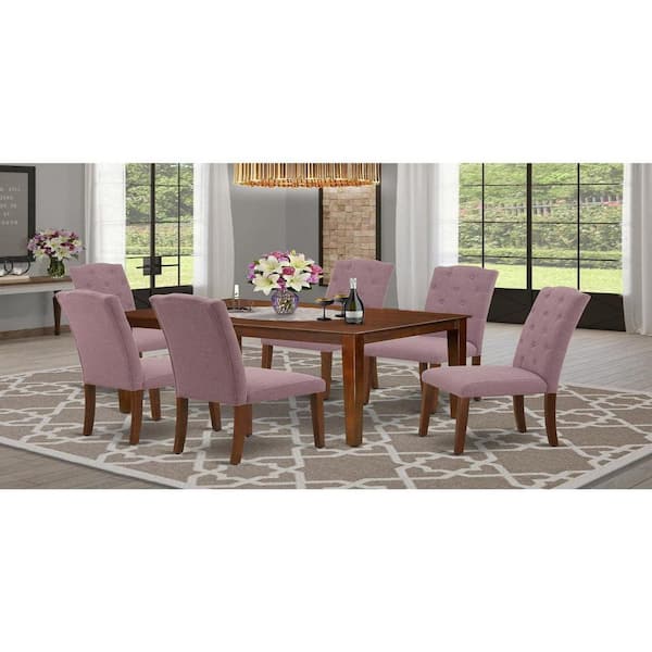 East West Furniture 7-Piece Rectangle Mahogany Finish Solid Wood Top Dining Table with 6-Parson Chairs with Lattice Back