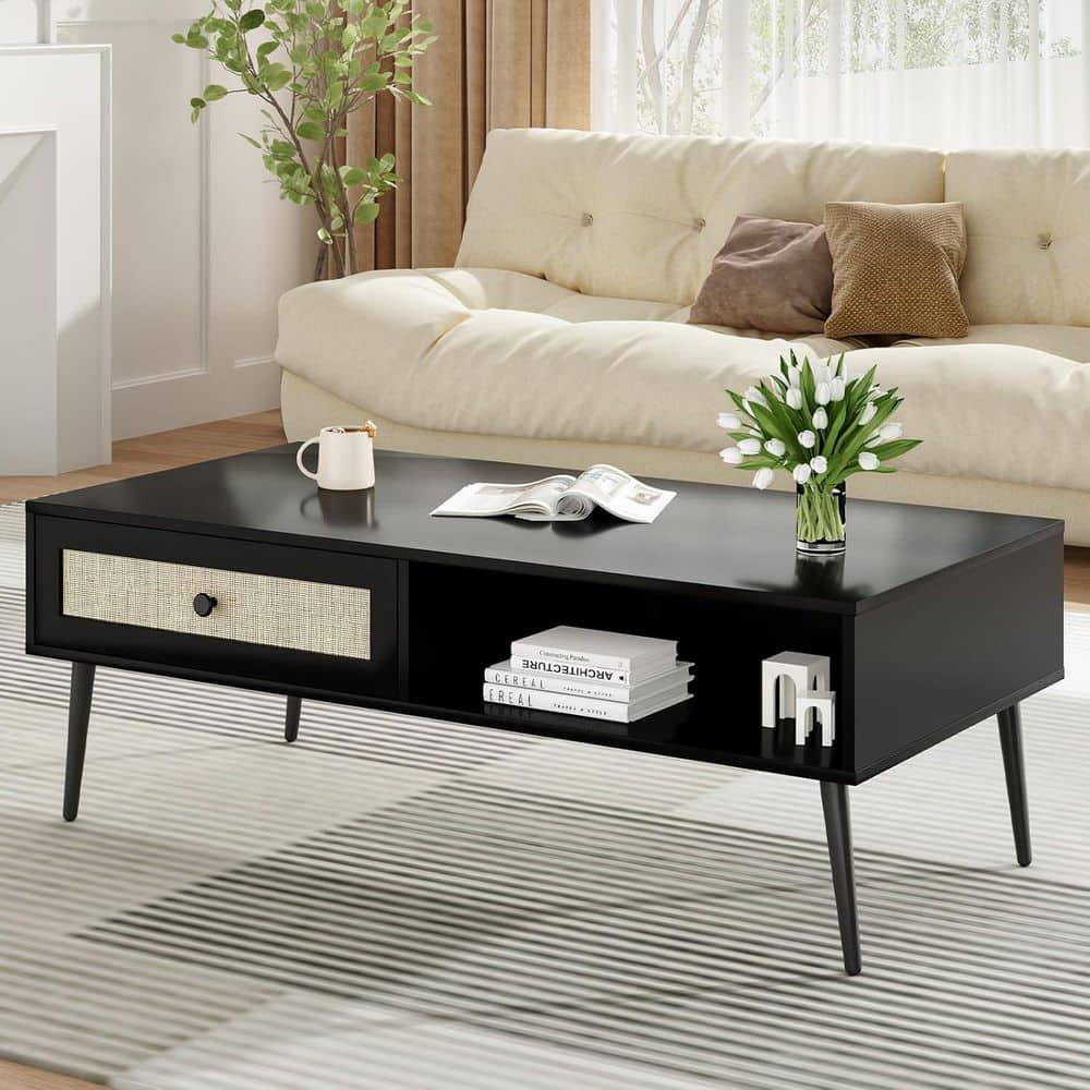47 in. Black Colored Rectangle Wood Coffee Table with PVC Rattan Door Drawer price history on PriceWatchPro