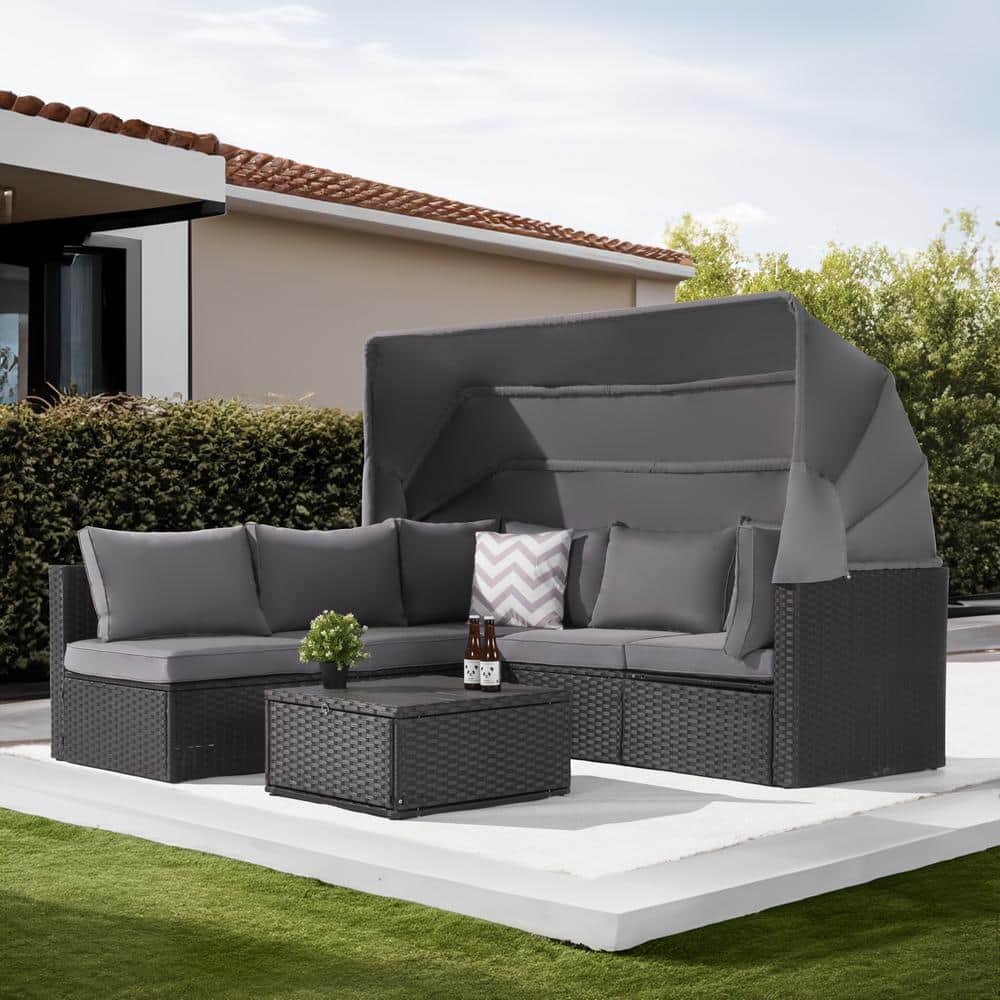 4-Piece Patio Rattan Daybed Set with Retractable Canopy, Gray Soft Cushions