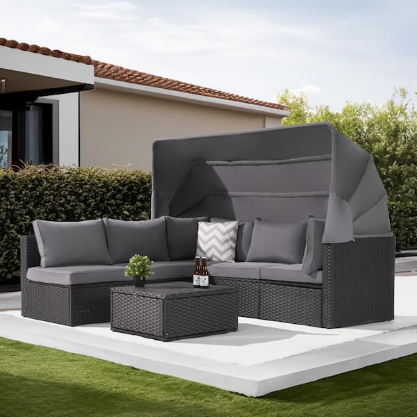 SANSTAR 4-Piece Patio Rattan Daybed Set with Retractable Canopy, Gray Soft Cushions and Versatile Coffee Table