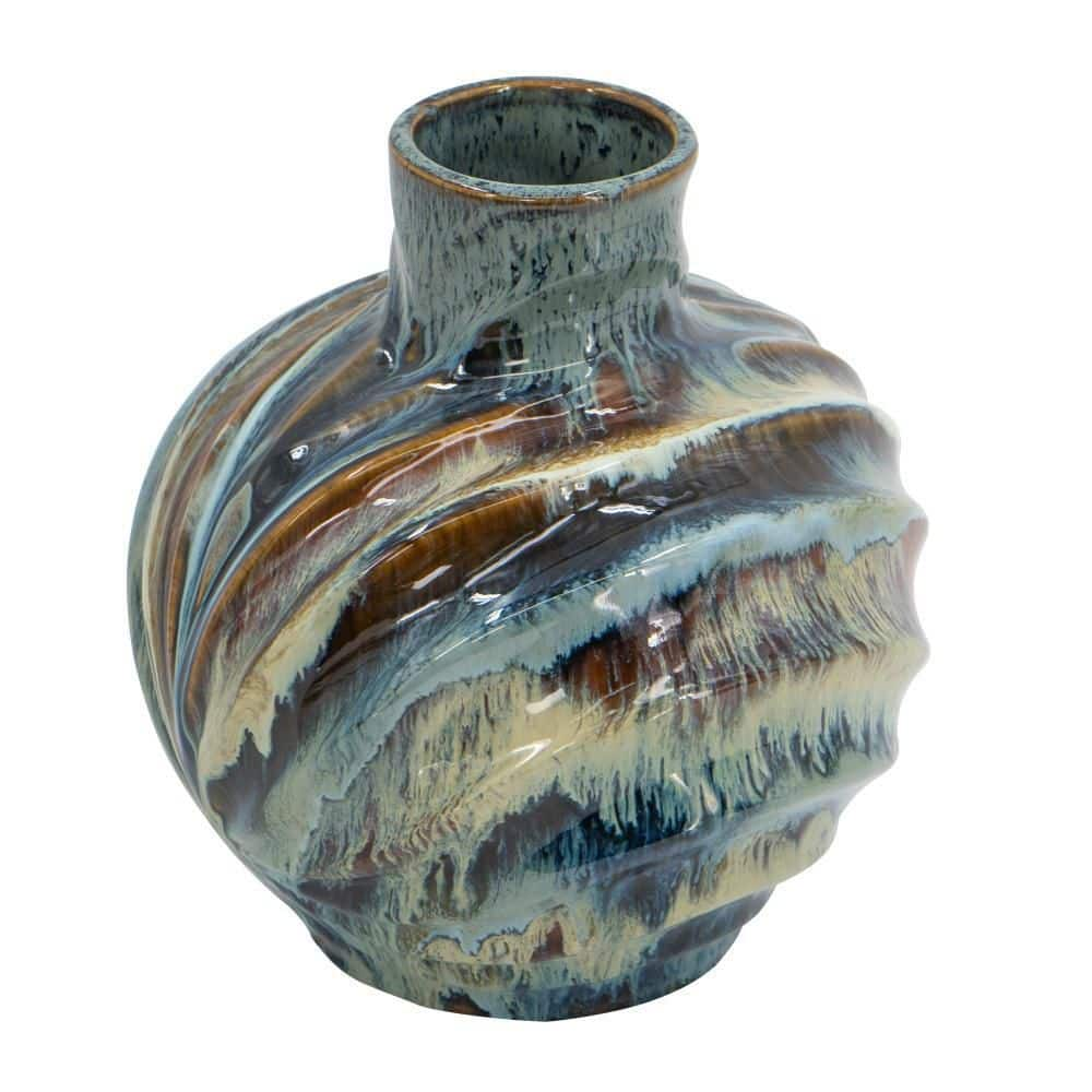 A B Home Reactive Glazed Table Vase 9 4 In Blue 13904 The Home Depot   Blue Brown A B Home Vases 13904 64 1000 