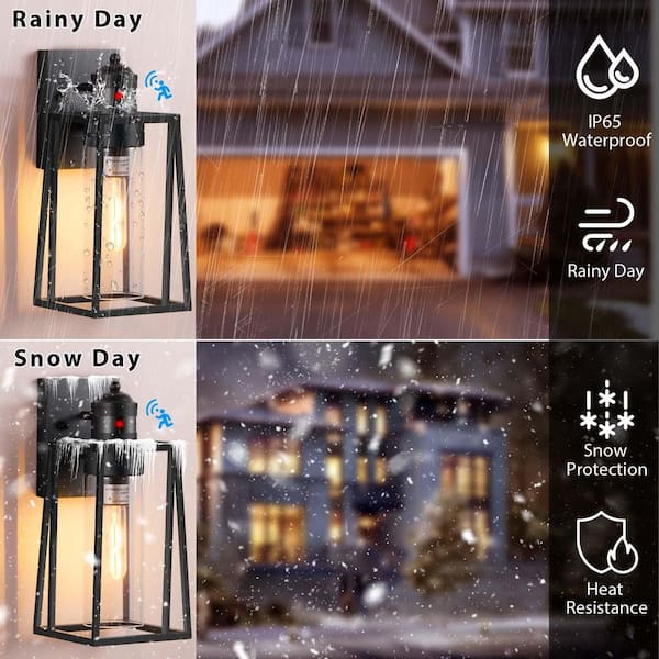 1-Light Matte Black Motion Sensing Dusk to Dawn Hardwired Outdoor Wall Lantern Sconce with Clear Glass(2-Pack)