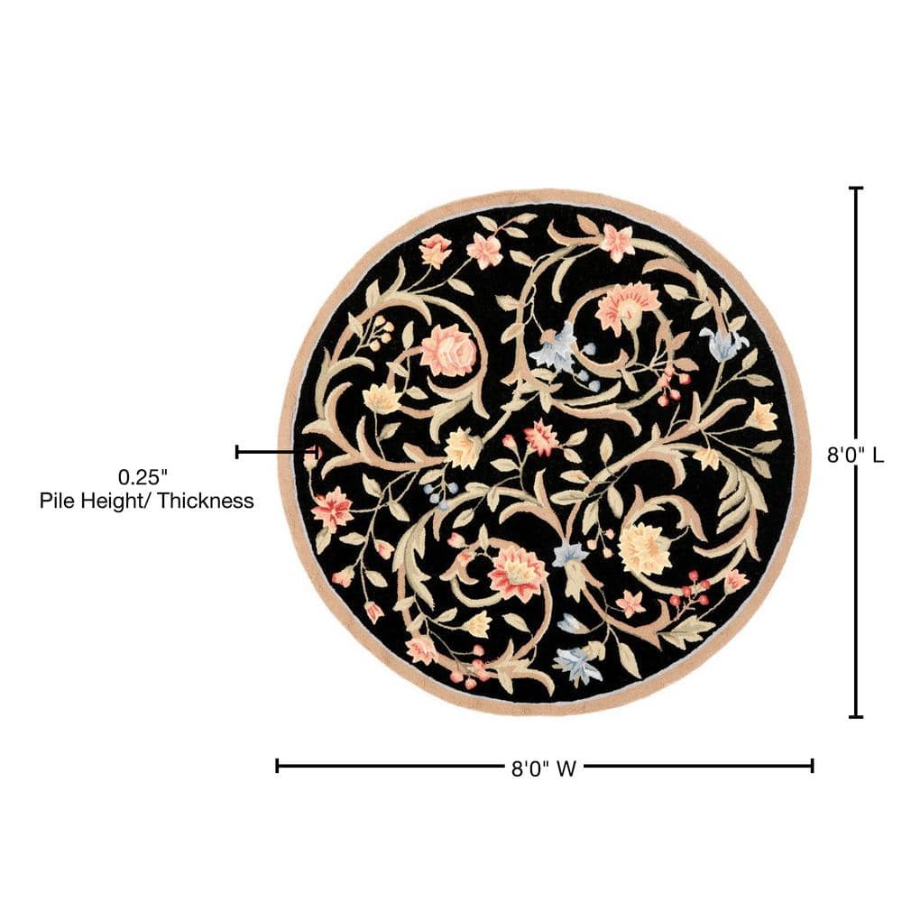 Handcrafted Black Floral Wool 8' Round Area Rug