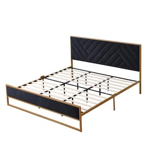 Black Frame King Size Velvet Platform Bed with 10 in. Under Bed Storage Supported by Metal and Wooden Slats