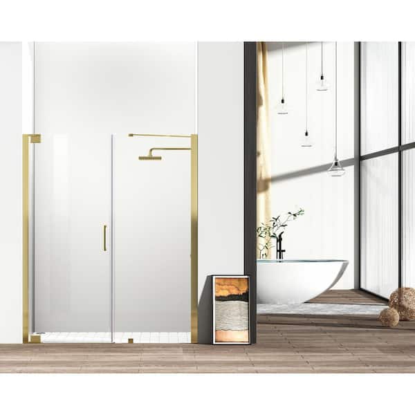 Unbranded Simply Living 60 in. W x 72 in. H Semi-Frameless Hinged Shower Door in Brushed Gold with Clear Glass
