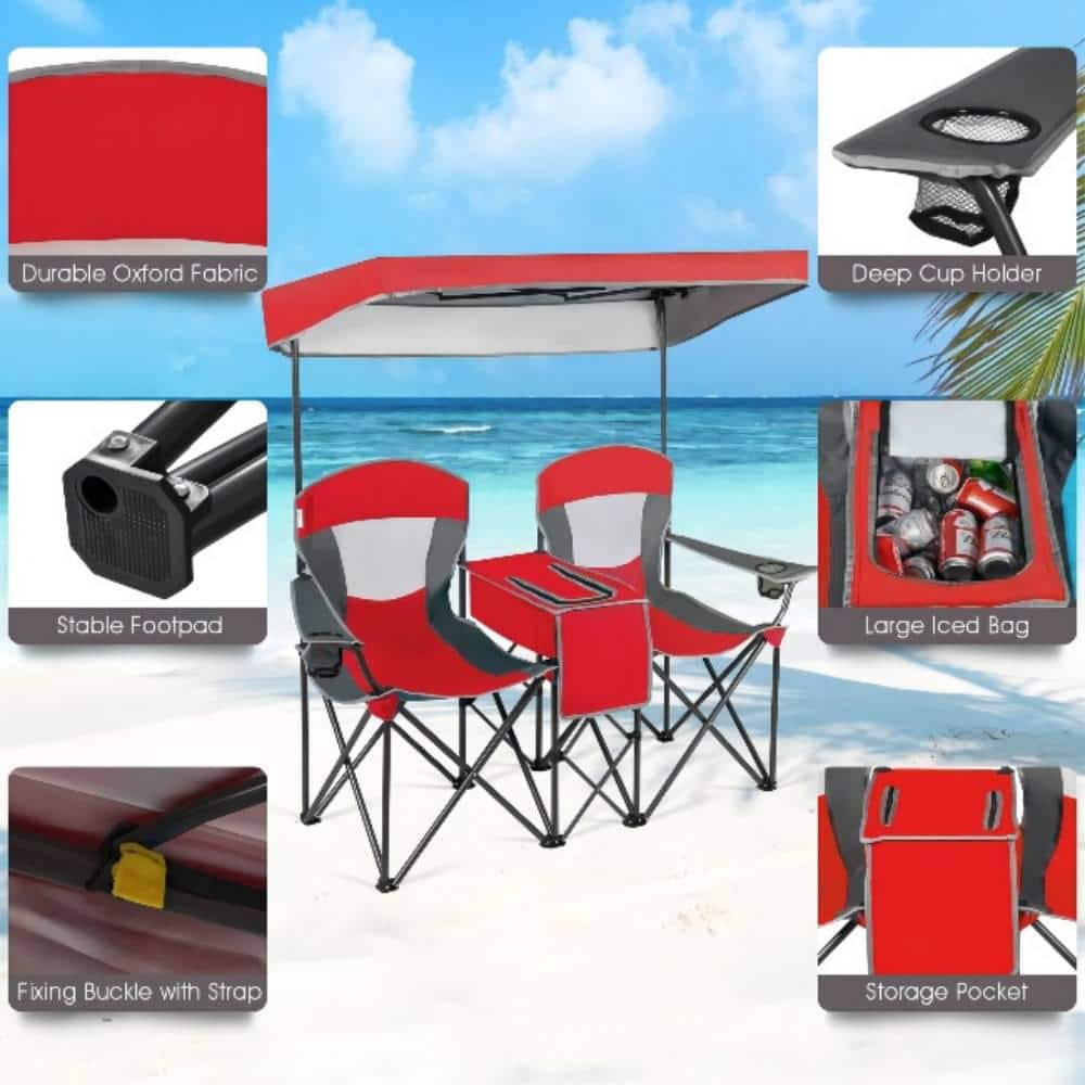 Red Double Folding Camping Chair with Canopy and Cooler