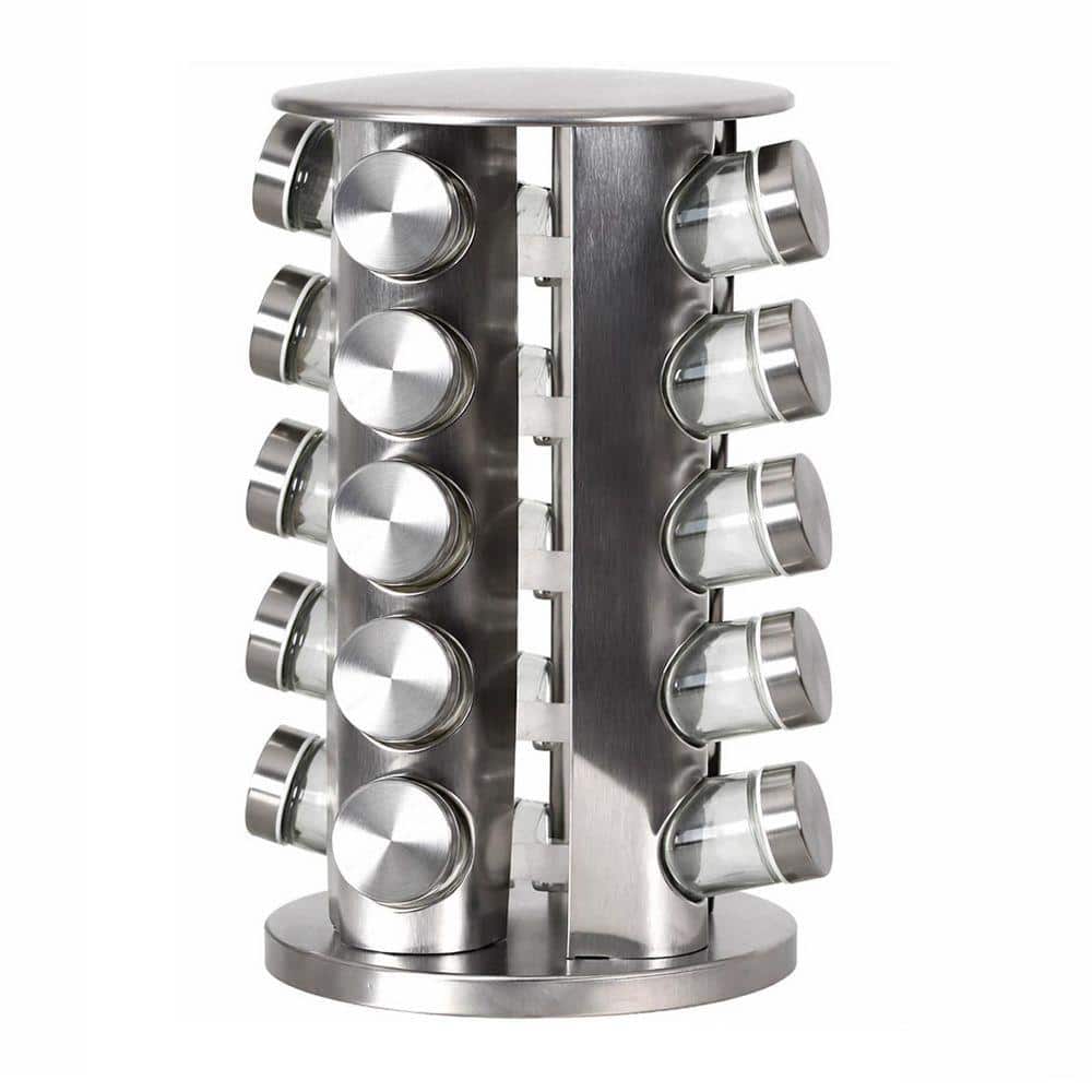 UUDULY 20-Piece Silver Stainless Steel Rotating Spice Rack Drawer ...