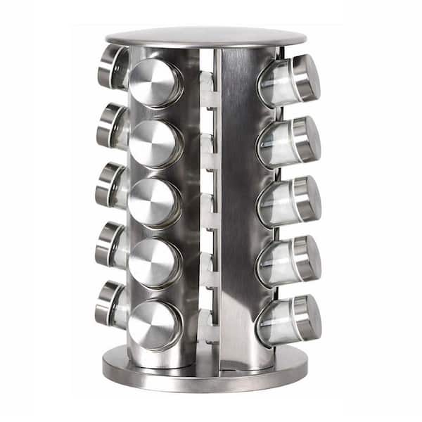 20-Piece Silver Stainless Steel Rotating Spice Rack Drawer Organizer with Non-Slip Base for Kitchen Storage