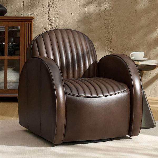 JAYDEN CREATION Briana Brown Genuine Leather Accent Chair with Swivel