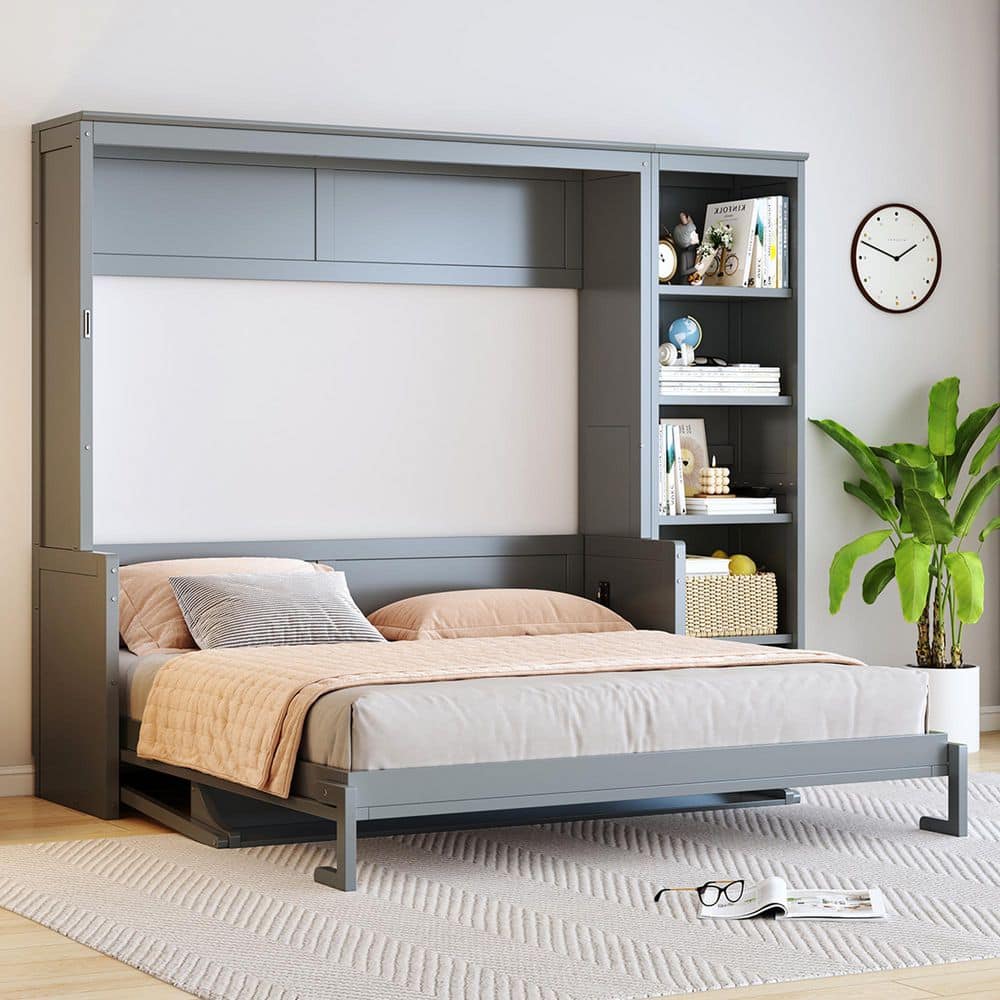 White Wood Frame Queen Size Murphy Bed Wall Bed with Integrated Desk and Storage Shelves - thumbnail 4