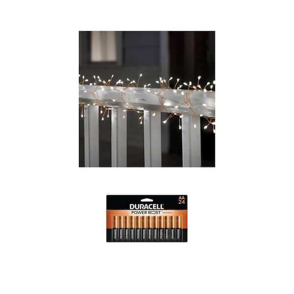 9 ft. Battery Operated 200 Micro Bulbs LED Willow String Light and AA Alkaline Batteries (24-Pack) Combo