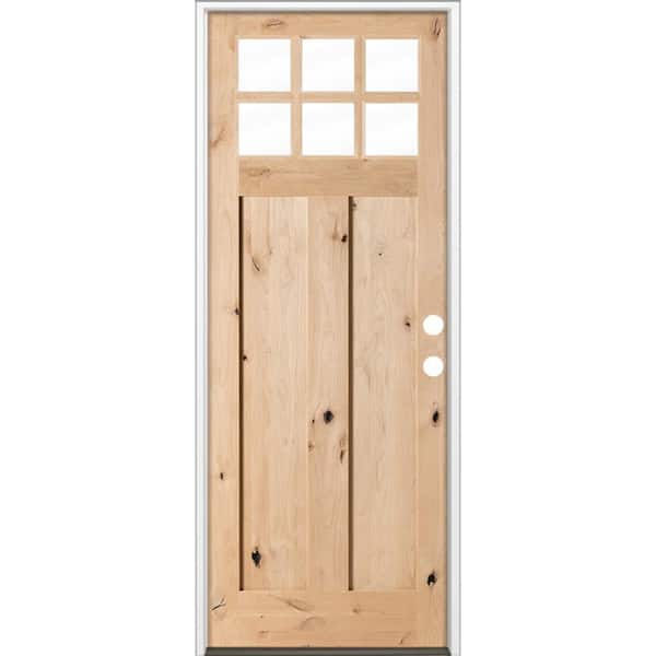 42 in. x 96 in. Craftsman Knotty Alder Left-Hand/Inswing 6 Lite Beveled Clear Glass Unfinished Wood Prehung Front Door