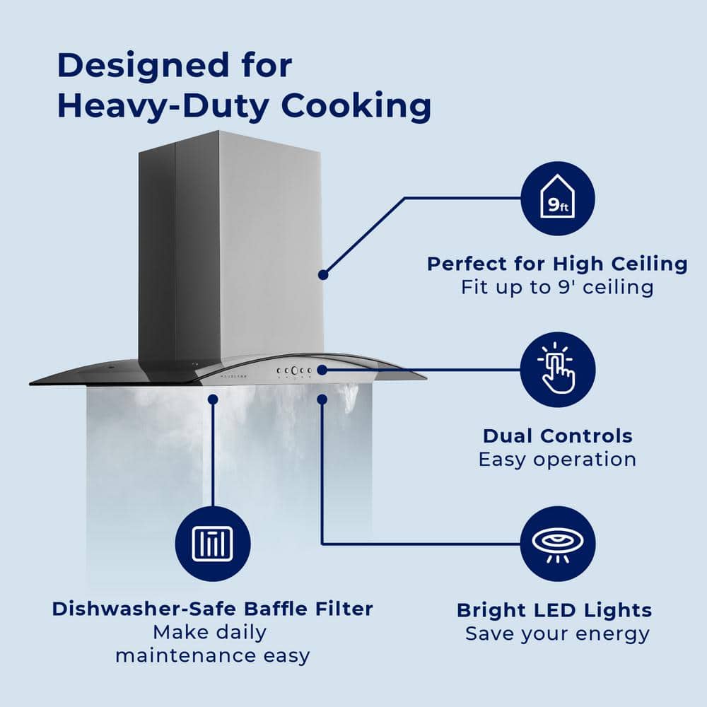 Hauslane 36" Stainless Steel Convertible Island Range Hood with Charcoal Filter