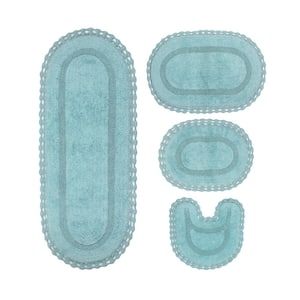 Hampton Crochet Reversible 100% Cotton Bath Rug Set, 4-Pcs Set with Runner, Aqua