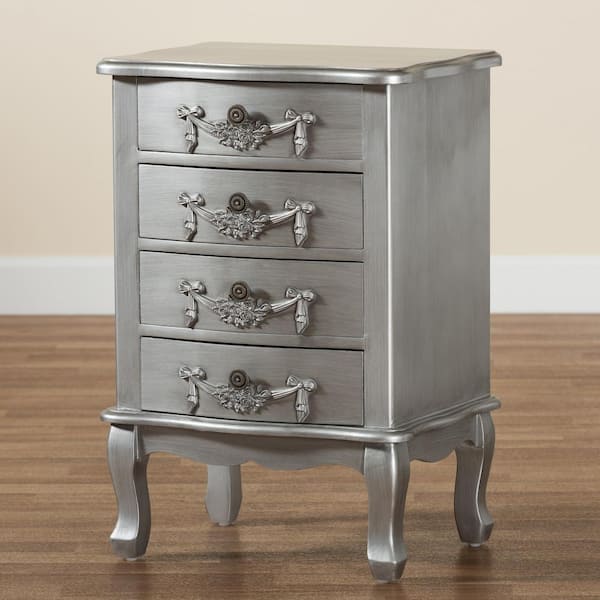 Baxton Studio Callen 4-Drawer Silver Nightstand 27 in. H x 18.3 in. W x 14.3 in. D