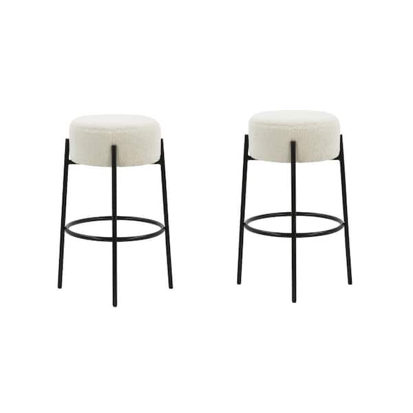 Isaac 29 in. Modern Backless Bar Stool with Padded Boucle Seat and Metal Mid-Century Base, Boucle White/Black, Set of 2