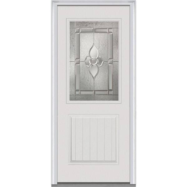 Milliken Millwork 32 in. x 80 in. Master Nouveau Right Hand 1/2 Lite Decorative Classic Primed Fiberglass Smooth Prehung Front Door