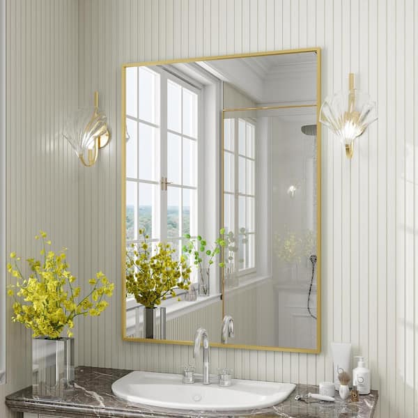 GLSLAND 30 in. W x 39 in. H Large Rectangular Metal Framed Wall Bathroom Mirror Vanity Mirror Gold
