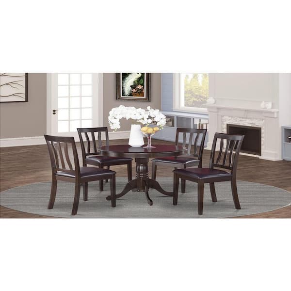 East West Furniture 5-Piece Round Cappuccino Finish Solid Wood Top Dining table with 4 Chairs with Lattice Back