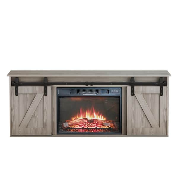 Unbranded 57.9 in. Light Gray and White Electric Fireplace TV Stand with Storage Cabinet Chest Fits TV's Up To 65 in.
