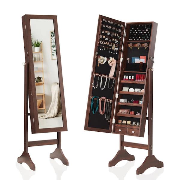 Rustic Brown Wood Freestanding 14 in. W Jewelry Armoire Lockable with Full Length Mirror & Velvet Lining
