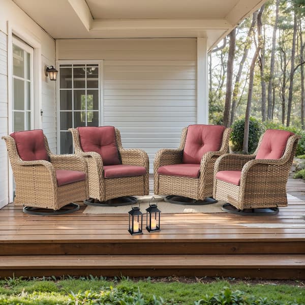 moosprr 4-Piece Yellow Swivel Glider Wicker Outdoor Rocking Chair with Red Cushions and Curved Armrest