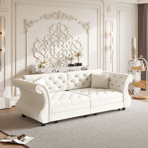 Sharon 83.8 in. Beige White Velvet Upholstery Queen Size Sofa Bed with Pull-Out Bed, Flower Tufting