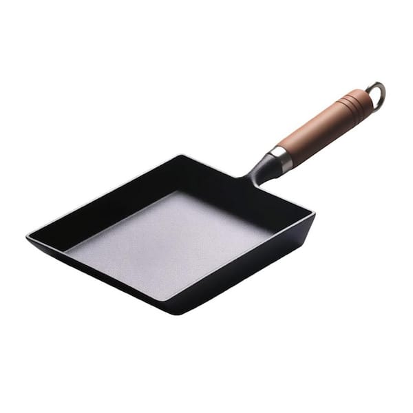 Black 9 in. Japanese Cast Iron Tamagoyaki Pan, Liquid Nitrogen Treated, Non-Rust, Ready to Use, Detachable Wood Handle