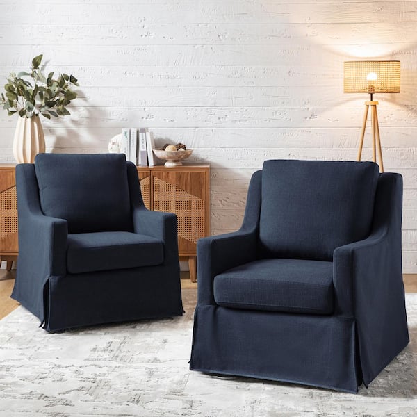 JAYDEN CREATION Stewart Navy Traditional Slipcovered Swivel Chair with Sloped Armrest (Set of 2)