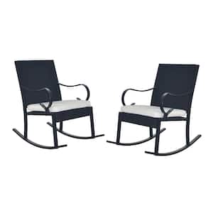 Harmony Black Faux Rattan Outdoor Patio Rocking Chairs with White Cushions (2-Pack)
