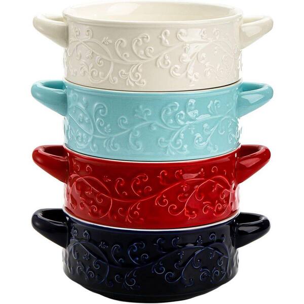 4-Piece Embossed Vine Pattern Ceramic Soup Bowls Set with Handles, 4 Colors, Oven Microwave Dishwasher Safe