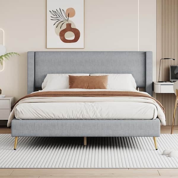 Harper & Bright Designs Gray Wood Frame Queen Size Corduroy Platform Bed with Metal Legs
