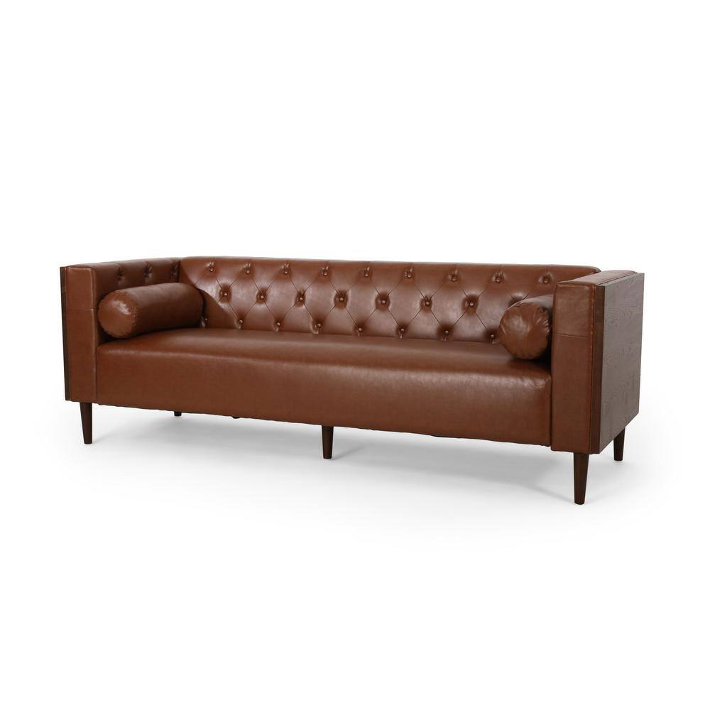 Cognac Brown Tufted Faux Leather 3-Seater Tuxedo Sofa with Wood Accents