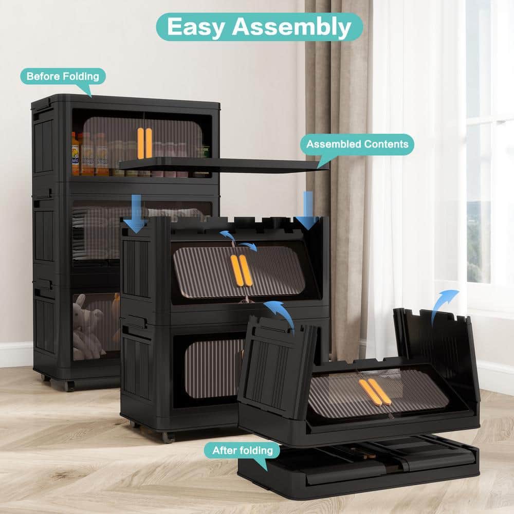Infographic showing the assembly and folding process of the black storage bins.