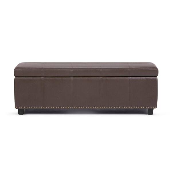Simpli Home Kingsley 48 in. Transitional Storage Ottoman in Chocolate Brown Faux Leather
