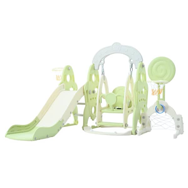 Bon Furni Green HDPE Indoor and Outdoor Playset with Slide, Swing and Basketball Hoop