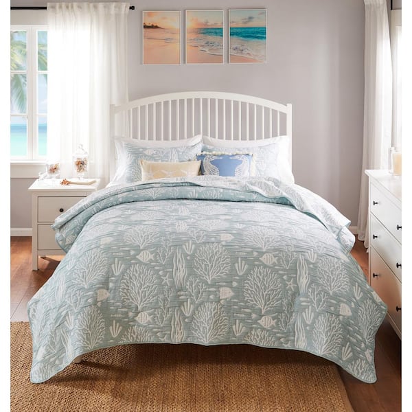 Greenland Home Fashions Marina Coastal 3-Piece Seafoam Polyester Full/Queen Coverlet Set