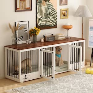 Upgrade Large Furniture Style Dog Crate with Dog Feeding Area, Large Dog Crate with Removable Irons for 2 Medium Dogs