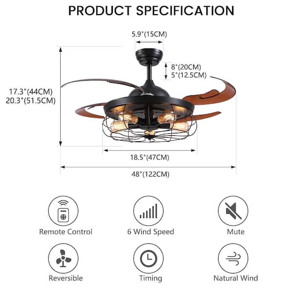 ANTOINE 48 in. Indoor Farmhouse Retractable Ceiling Fan with Light Black  Caged Ceiling Fan Light with Remote HD-CF-13 - The Home Depot
