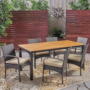 Ballard Teak Brown 7-Piece Wood and Multi-Brown Faux Rattan Outdoor Dining Set with Cream Cushions