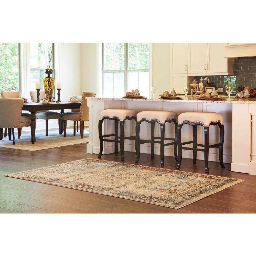 Ivory and Turquoise Floral Synthetic Rectangular Area Rug