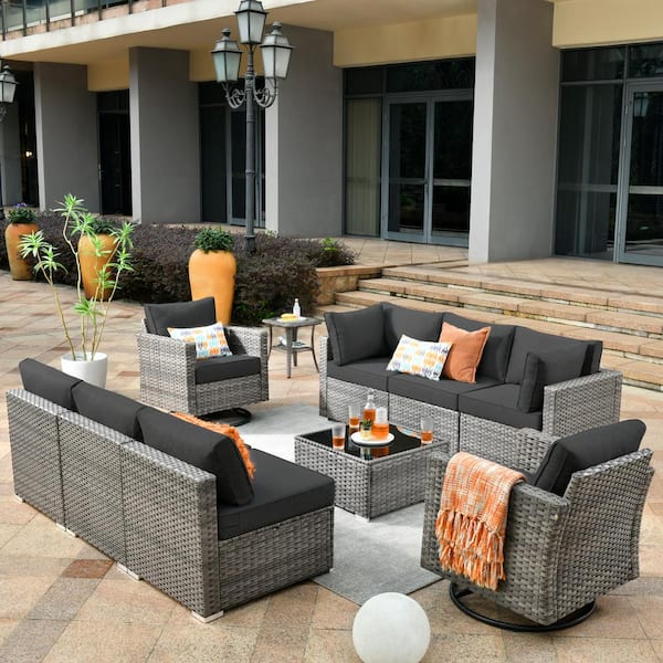 HOOOWOOO Messi Gray 10-Piece Wicker Outdoor Patio Conversation Sectional Sofa Set with Swivel Chairs and Black Cushions