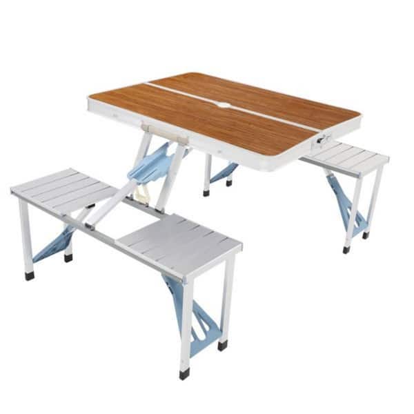 Brown Folding Rectangle Aluminum Picnic Table 53.5 in. Portable Outdoor Camping Table with Seat and Umbrella Hole