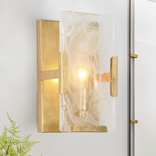 1-Light Antique Gold Leaf Wall Sconce, Rectangle Clouded Glass Bedroom Wall Light, Mid-Century Modern Light Fixture