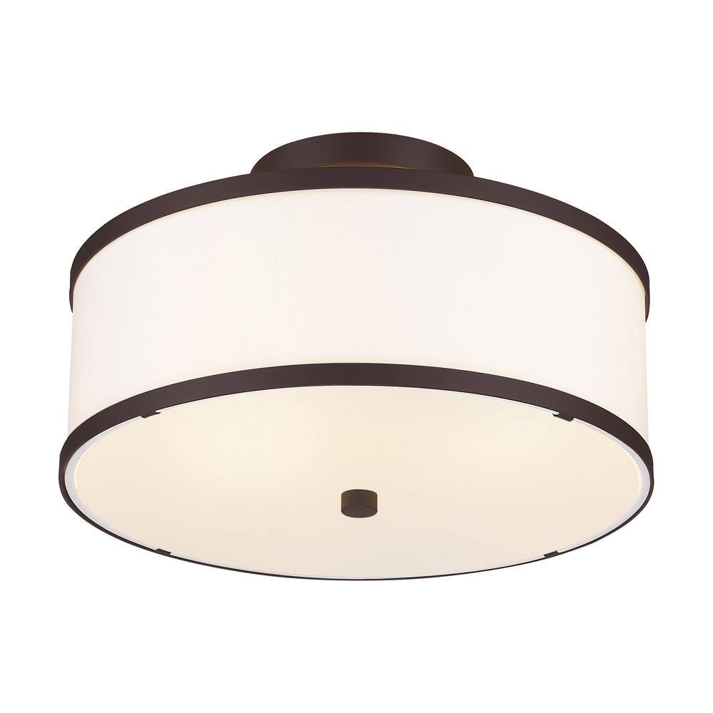 Bronze 2-Light Drum Ceiling Mount with Off-White Fabric Shade