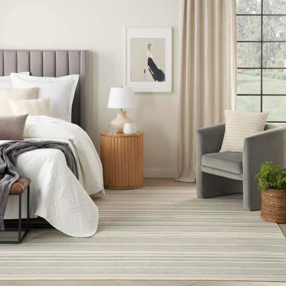 Ivory Grey Striped Synthetic 5' x 7' Area Rug